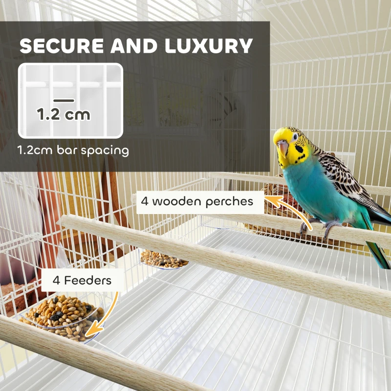 PawHut Bird Cage with Divider, 4 Wooden Perches, Slide Out Tray, 4 Feeders, for Budgie, Lovebird, Canary, 76 x 46 x 46cm, White