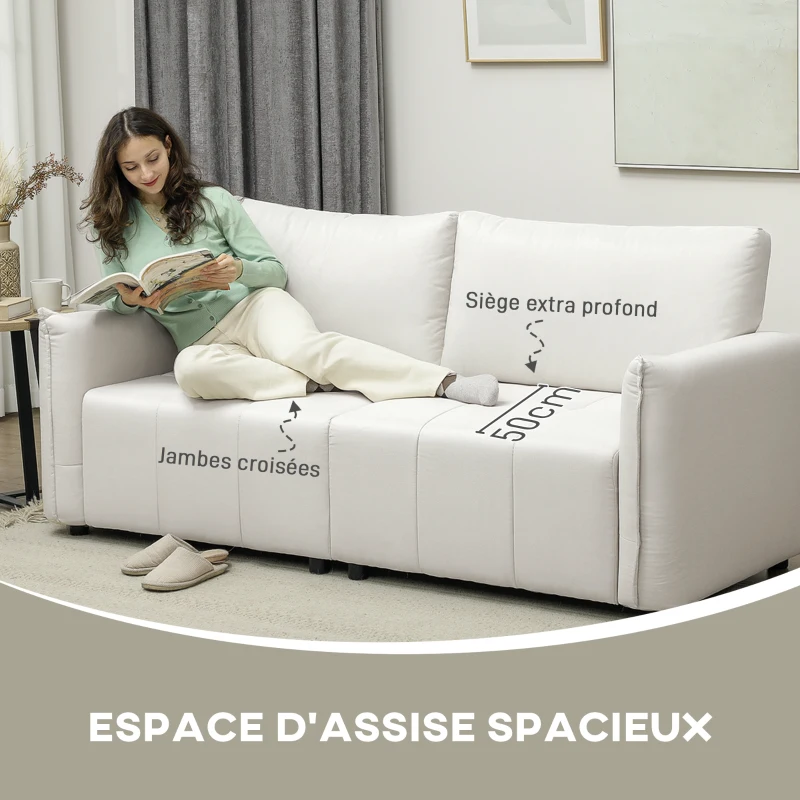 HOMCOM Canapé 3 places, accoudoirs et dossier rembourrés, canapé en tissu aspect lin crème