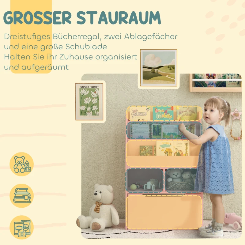 HOMCOM Kinderrek met Lade en Boekenrek met Vakken, 60 x 29,9 x 90 cm, Roze(m-4)