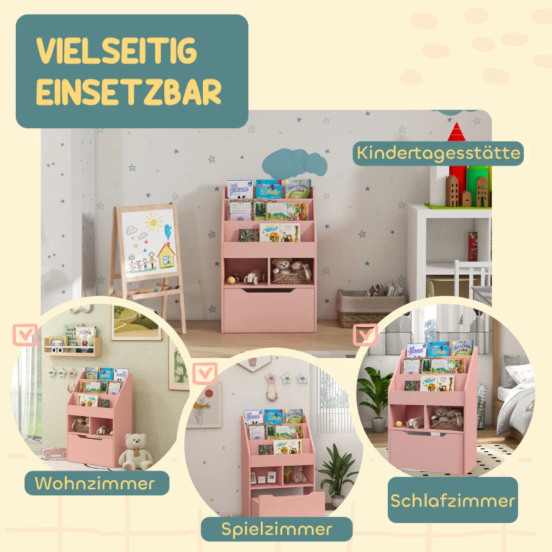 HOMCOM Kinderrek met Lade en Boekenrek met Vakken, 60 x 29,9 x 90 cm, Roze(m-7)