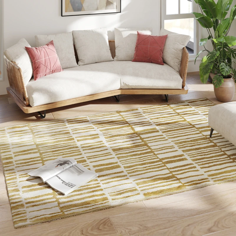 HOMCOM Tapis salon 200 x 140 cm poils courts lavable en machine hypoallergénique pour salon, chambre à coucher, bureau, jaune