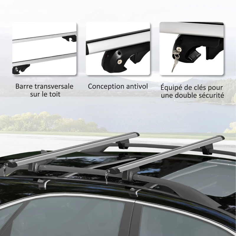 HOMCOM Barres de toit de voiture transversales porte-bagage verrouillables 2 clés fournies alliage d'aluminium 123,5 x 5,5 x 7 cm argenté et noir