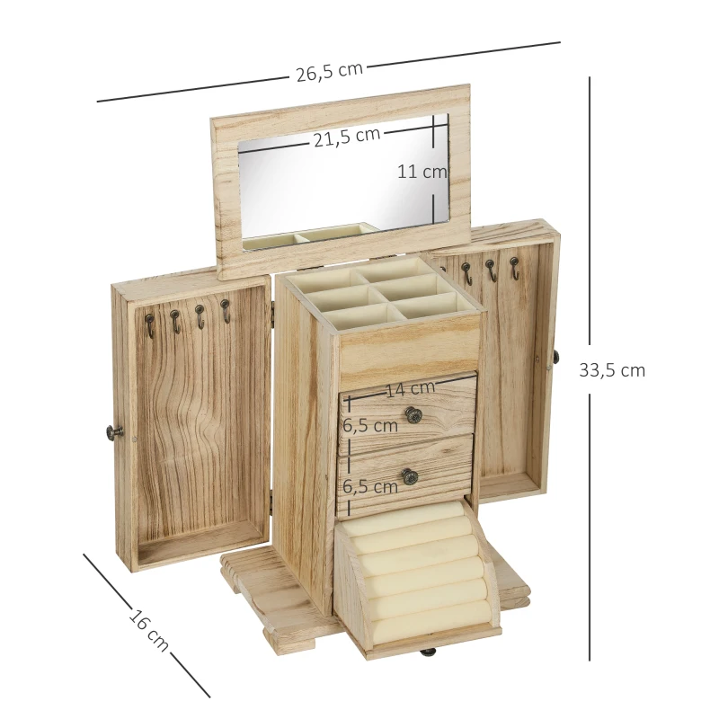 HOMCOM Schmuckbox, Schmuckschatulle, 4-stufiges Layout, integrierter Spiegel, Holz, Braun