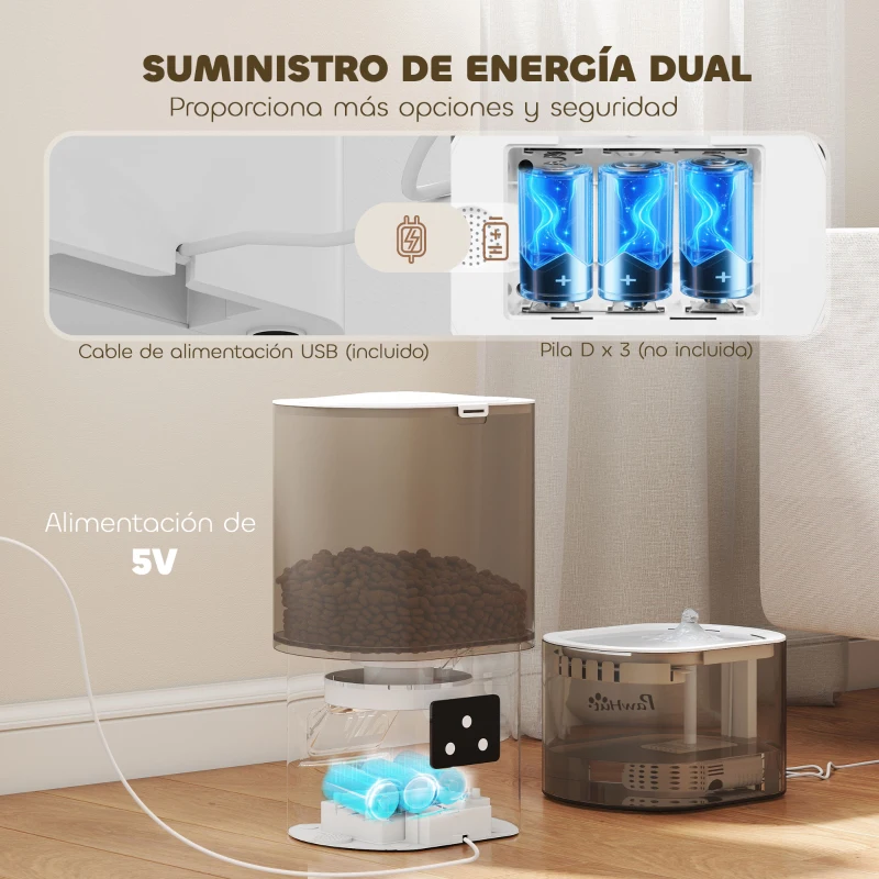 PawHut Dispensador de Comida para Gatos y Perros de 3L con Control de App 1-10 Comidas al Día Filtros Luz LED con Cable o Pilas