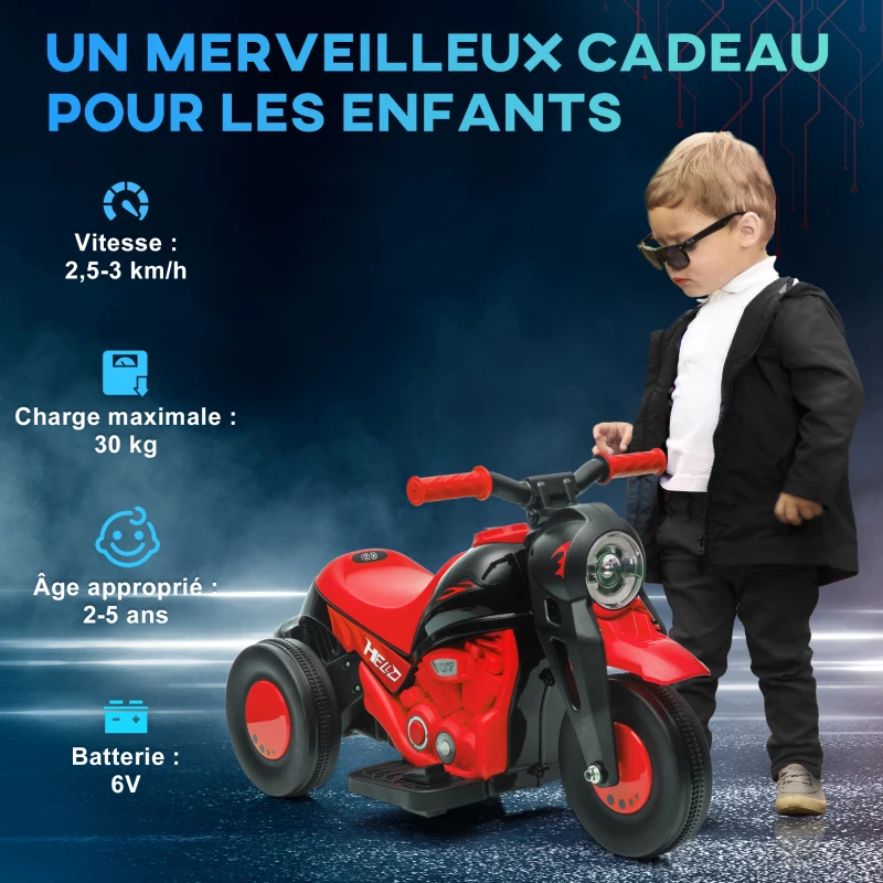 AIYAPLAY Moto électrique enfants 2-5 ans, 3 roues, 6 V, 3 km/h, avec fonction de bulles, effets lumineux et sonores, rouge