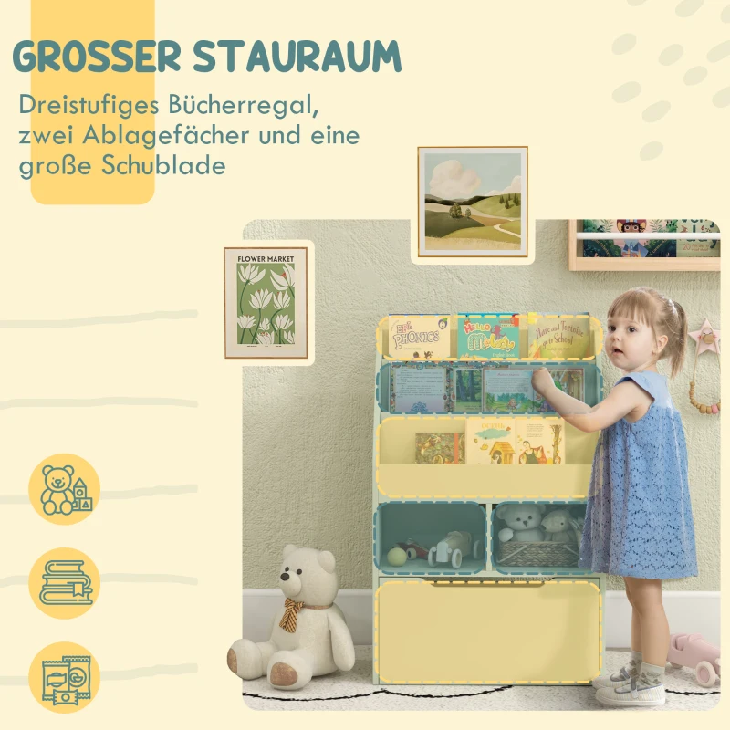 HOMCOM Kinderrek met Lade, Boekenrek met Vakken, 60 x 29,9 x 90 cm, Groen(m-4)