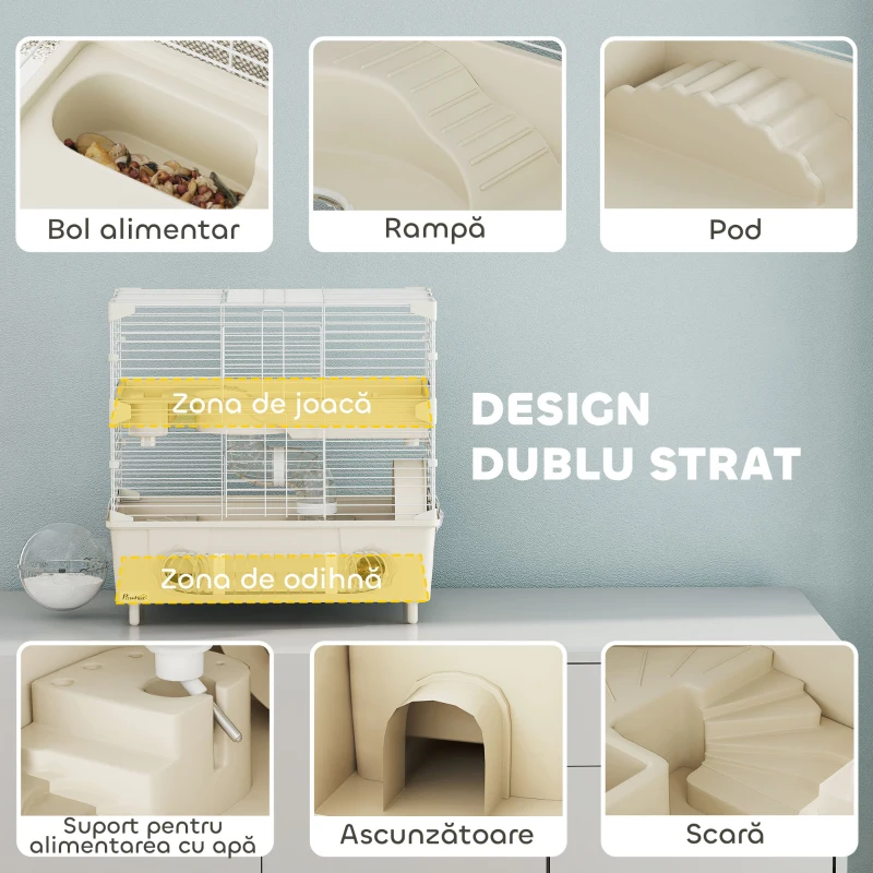 PawHut Cușcă pentru Hamsteri cu 2 Niveluri și 3 Uși, cu Roată și Tuburi, Crem și Alb