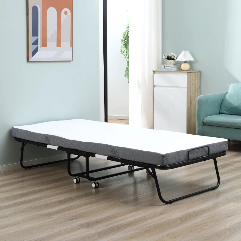 HOMCOM Lit d'appoint, Lit pliant, Lit de voyage avec roulettes, Matelas, Acier, Blanc+Noir