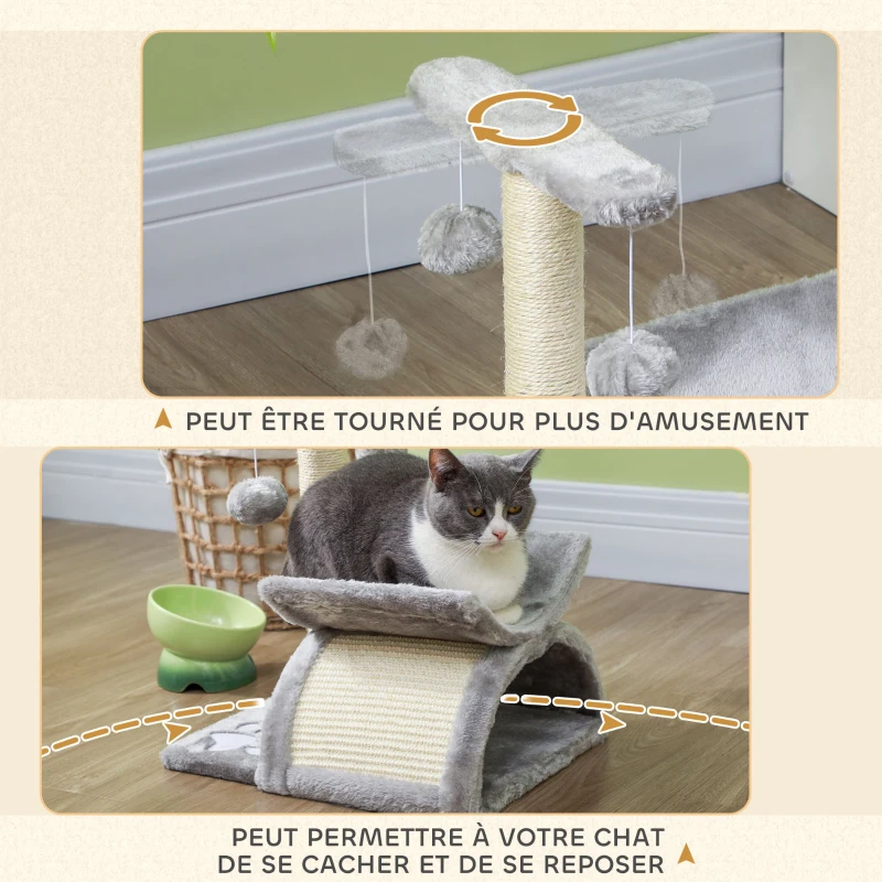 PawHut Arbre à chat, tour de jeux pour chats avec pont à griffer en sisal, tunnel demi-rond 2 balles 40 x 30 x 43 cm gris