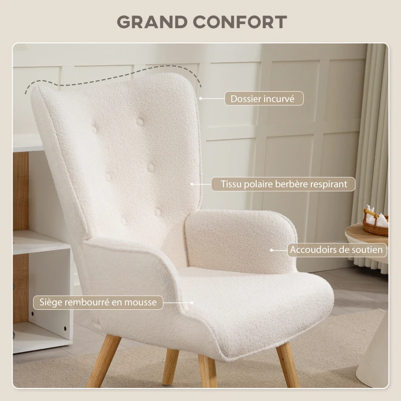 HOMCOM Fauteuil de salon en tissu bouclette, fauteuil capitonné et rembourré avec pieds en bois, 71 x 74 x 96 cm, beige