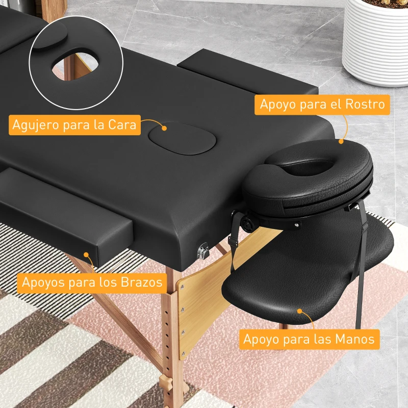 HOMCOM Lettino Massaggio Pieghevole in Legno a 3 Zone con Altezza Regolabile Poggiatesta Braccioli 215x60x64-89 cm Nero