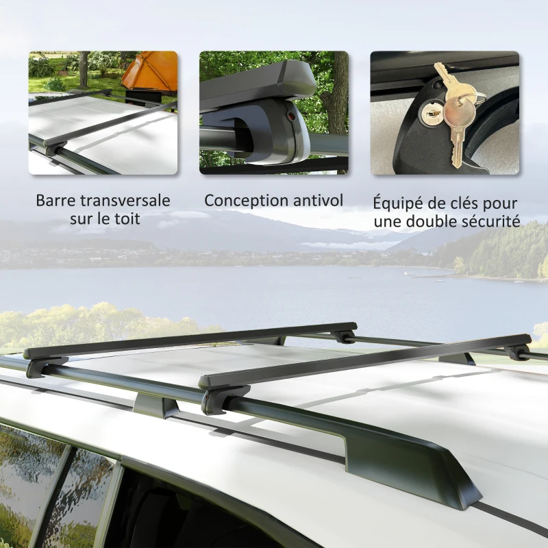 HOMCOM Barres de toit de voiture transversales porte-bagage verrouillables 2 clés fournies alliage d'aluminium noir