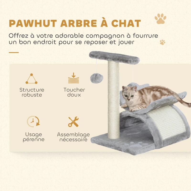 PawHut Arbre à chat, tour de jeux pour chats avec pont à griffer en sisal, tunnel demi-rond 2 balles 40 x 30 x 43 cm gris
