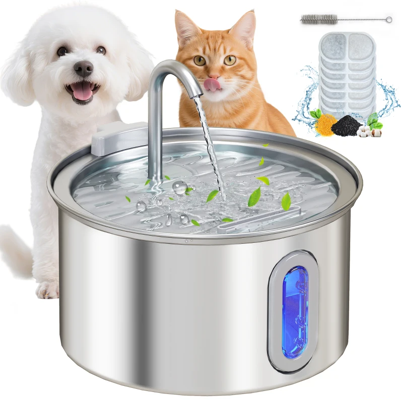 PawHut 2.5L Stainless Steel Cat Water Fountain for Drinking with Ultra-Silent Pump, Water-Level Window, 7 Filters