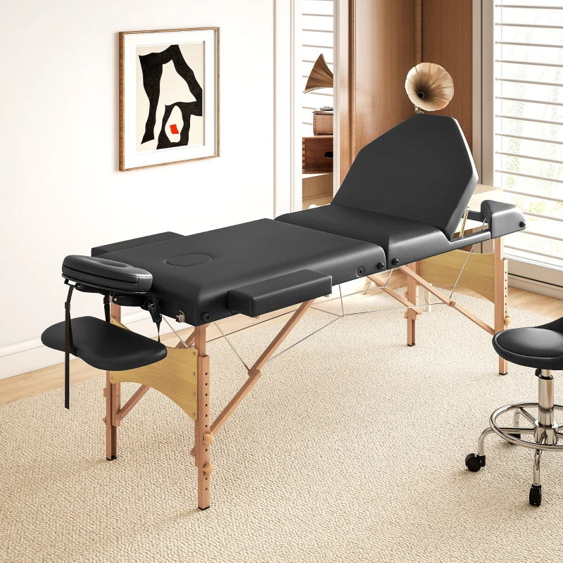 HOMCOM Table de Massage Pliante en Bois 3 Zones avec Hauteur Réglable Appui-Tête Accoudoirs 215x60x64-89 cm Noir
