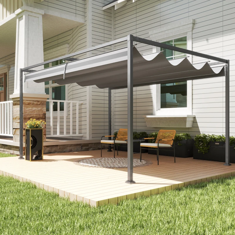 Outsunny Pérgola de Jardín 4x3m Cenador de Techo Retráctil de Poliéster Recubrimiento Resistente para Celebraciones Gris Oscuro
