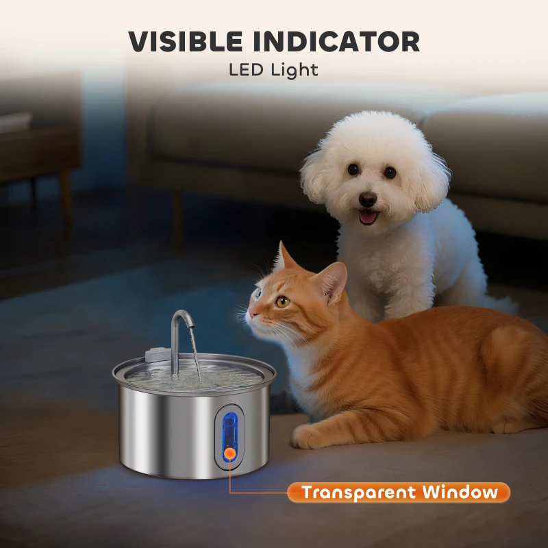 PawHut 2.5L Stainless Steel Cat Water Fountain for Drinking with Ultra-Silent Pump, Water-Level Window, 7 Filters