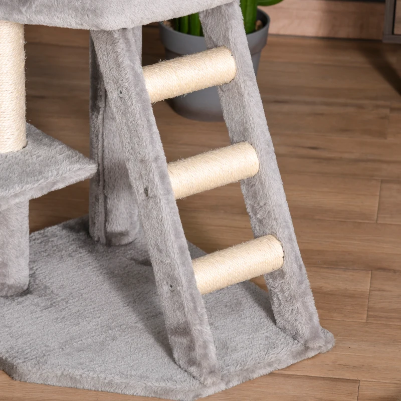 PawHut Kratzbaum 120 cm Katzenturm mit Höhle, Spielball, Sisalstämme,  Plattform, Treppe, mehrstöckiger Katzenkratzbaum, Kletterbaum für Katzen, Hellgrau