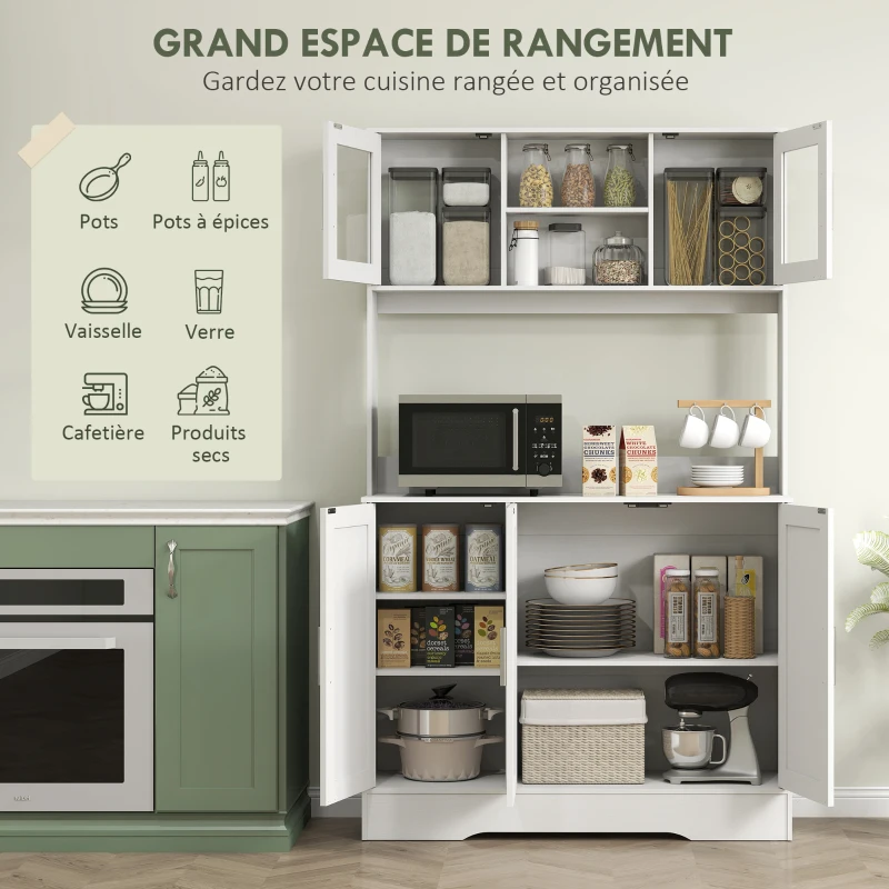 HOMCOM Armoire de cuisine scandinave avec placards, compartiments ouverts, portes vitrées et plan de travail, blanc