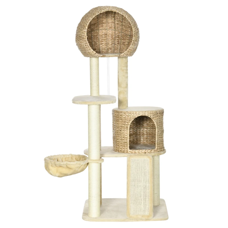 PawHut Kratzbaum, mit Katzenhaus, mehrere Plattformen, Hängematte, Kratzmatte, Kippschutz, beige, 60 x 60 x 150cm