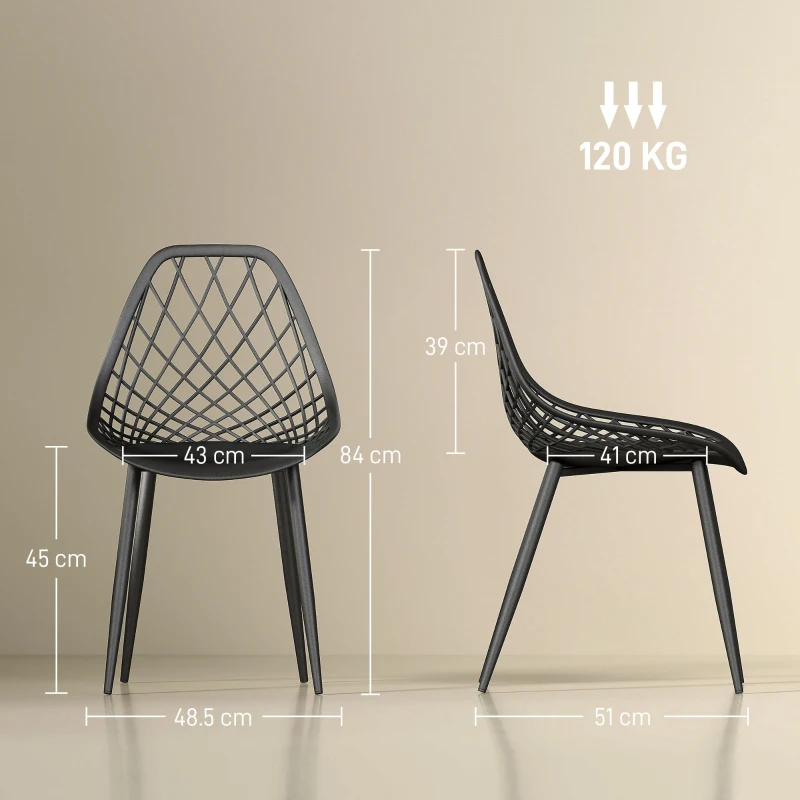 HOMCOM Set 4 Scaune Moderne cu Spătar Perforat Plastic și Metal Negru