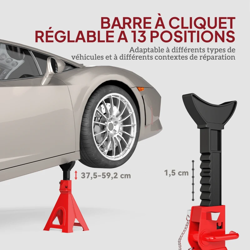 HOMCOM Lot de 2 chandelles voiture chandelles de levage capacité 6 tonnes hauteur réglable 375-592mm goupille de sécurité rouge