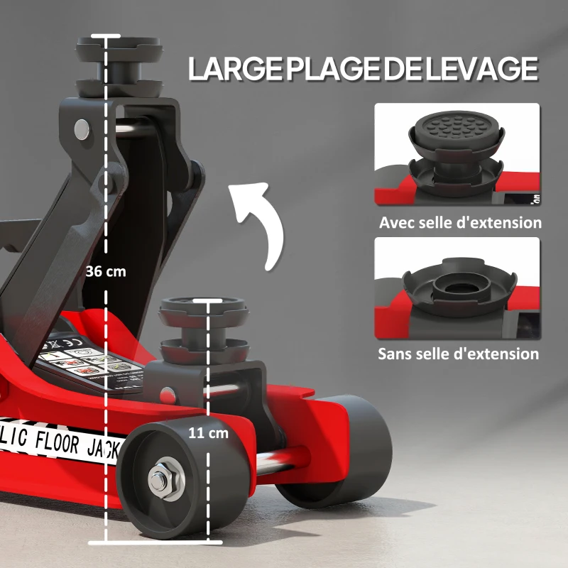 HOMCOM Cric hydraulique, cric de manœuvre extra plat charge max 2500 kg, plage de levage 80-360 mm, 53 x 20,5 x 17,5 cm, rouge