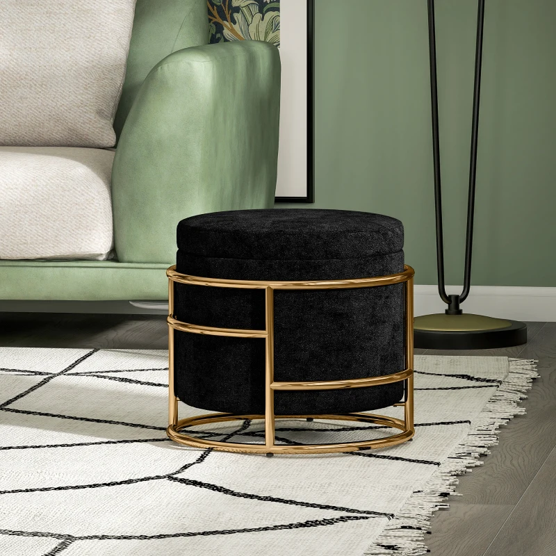 HOMCOM Pouf con Spazio di Archiviazione, Pouf Imbottito, Telaio in Metallo, Dorato, Nero
