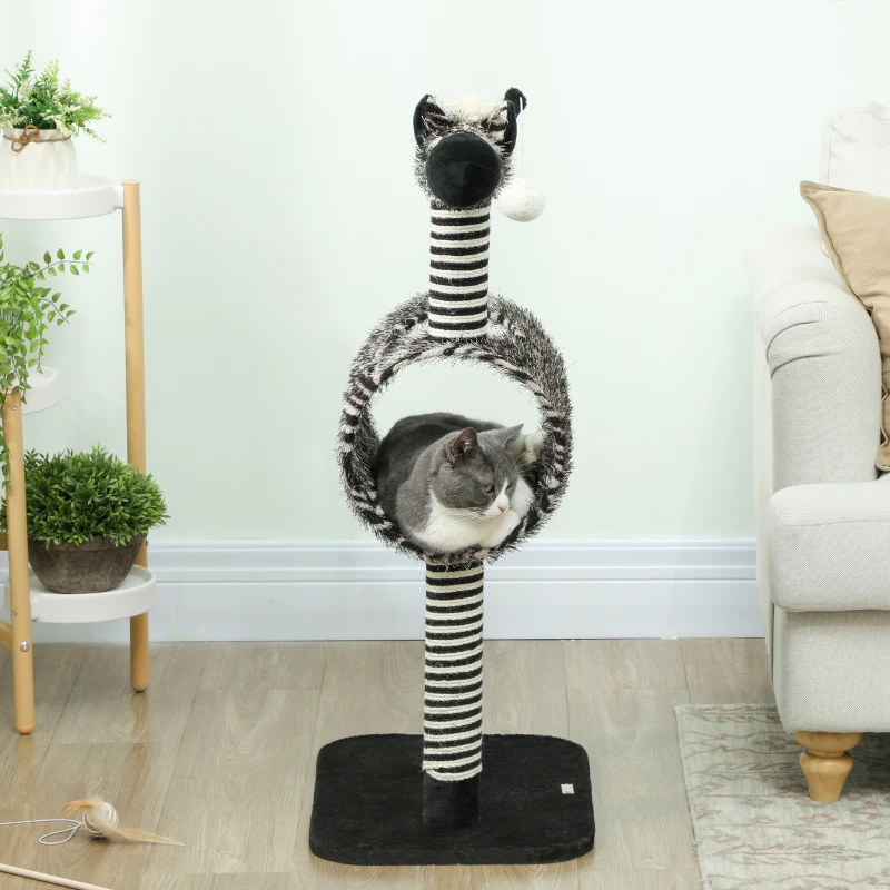 PawHut Kratzbaum im Zebra-Design, 1 Katzentunnel, 3 Kratzstämme 48,5 cm x 35 cm x 93 cm, Schwarz + Weiß