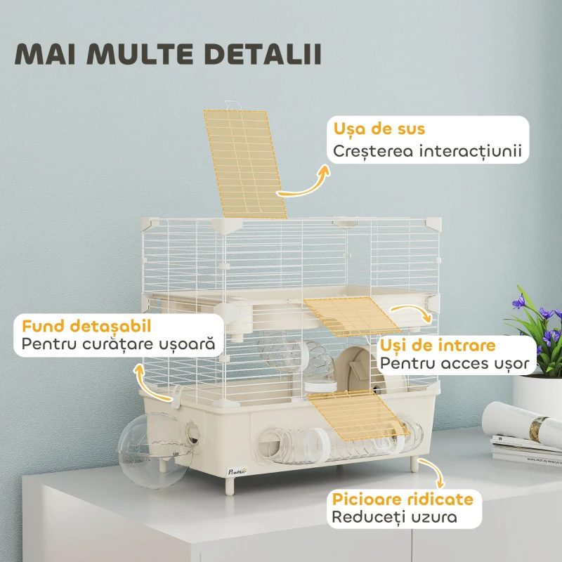 PawHut Cușcă pentru Hamsteri cu 2 Niveluri și 3 Uși, cu Roată și Tuburi, Crem și Alb
