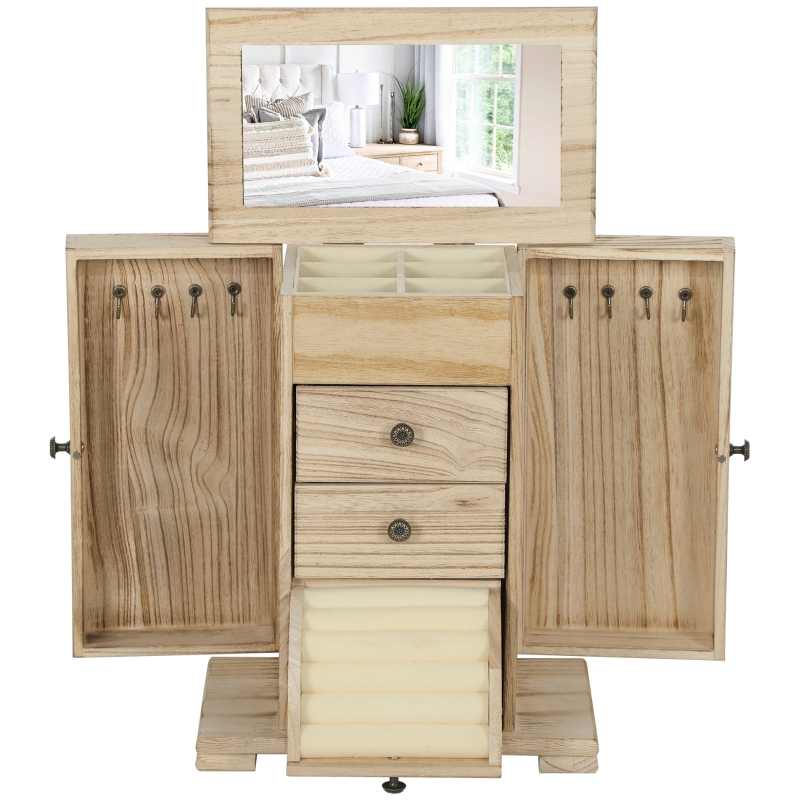 HOMCOM Schmuckbox, Schmuckschatulle, 4-stufiges Layout, integrierter Spiegel, Holz, Braun