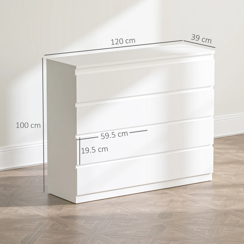 HOMCOM Comodă 8 Sertare cu Mânere Canelate 120x39x100 cm Alb