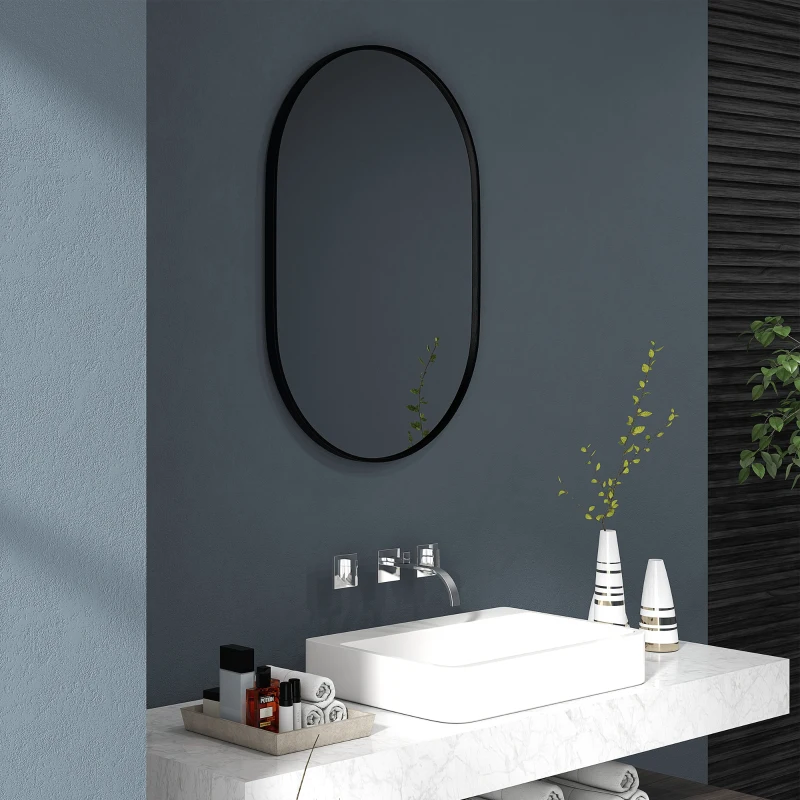HOMCOM Specchio Bagno Ovale da Parete con Cornice in Alluminio, Verticale o Orizzontale, 60x90cm, Nero