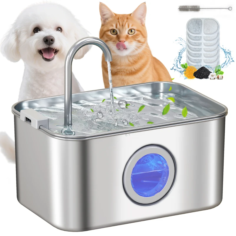 PawHut 3.2L Cat Water Fountain for Drinking, Cat Fountain Stainless Steel with Visible Water-Level Window, Ultra-Silent Pump