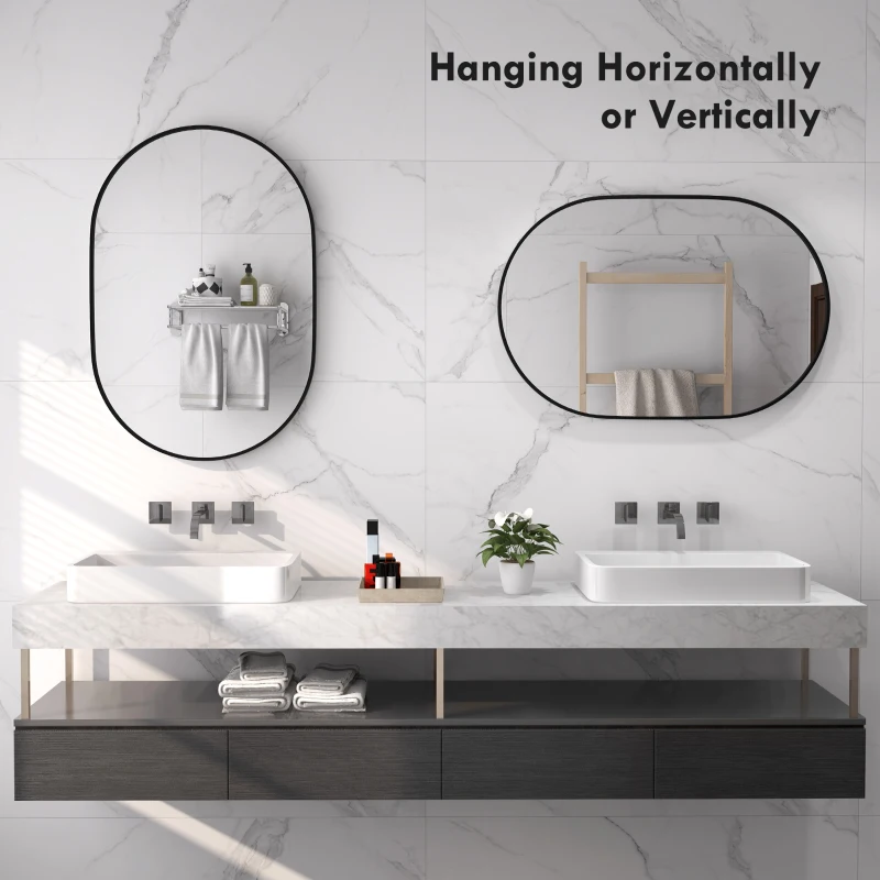 HOMCOM Specchio Bagno Ovale da Parete con Cornice in Alluminio, Verticale o Orizzontale, 60x90cm, Nero