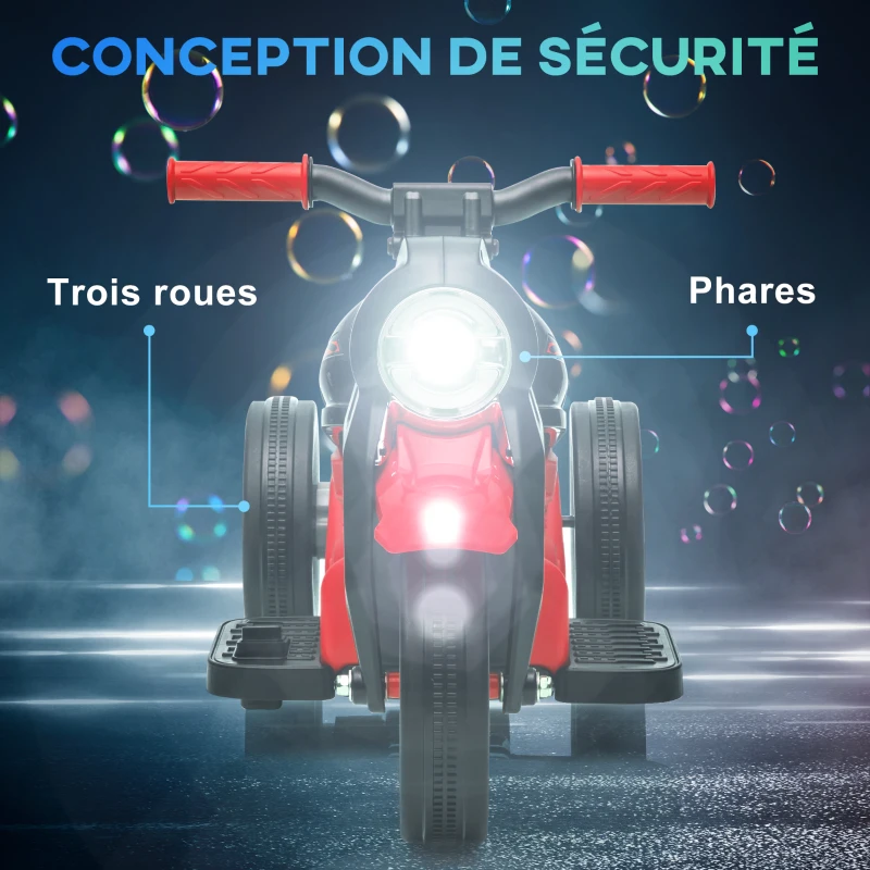 AIYAPLAY Moto électrique enfants 2-5 ans, 3 roues, 6 V, 3 km/h, avec fonction de bulles, effets lumineux et sonores, rouge