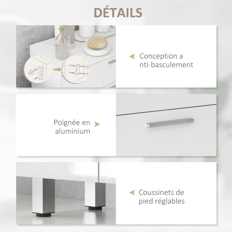 kleankin Meuble de salle de bain avec 2 tiroirs placard à double porte et étagères réglables 60 x 30 x 93 cm blanc brillant