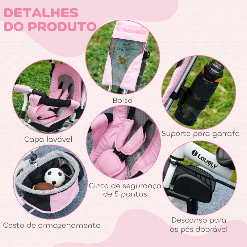 HOMCOM Triciclo para Bebés Evolutivo com Capota Dobrável Guiador Telescópico e Removível Bolsa e Porta-Garrafas 102x49x102 cm Rosa