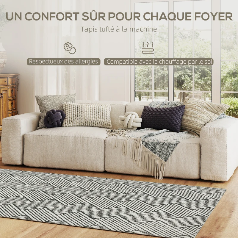 HOMCOM Tapis salon 170 x 120 cm poils courts lavable en machine hypoallergénique pour salon, chambre à coucher, bureau, gris