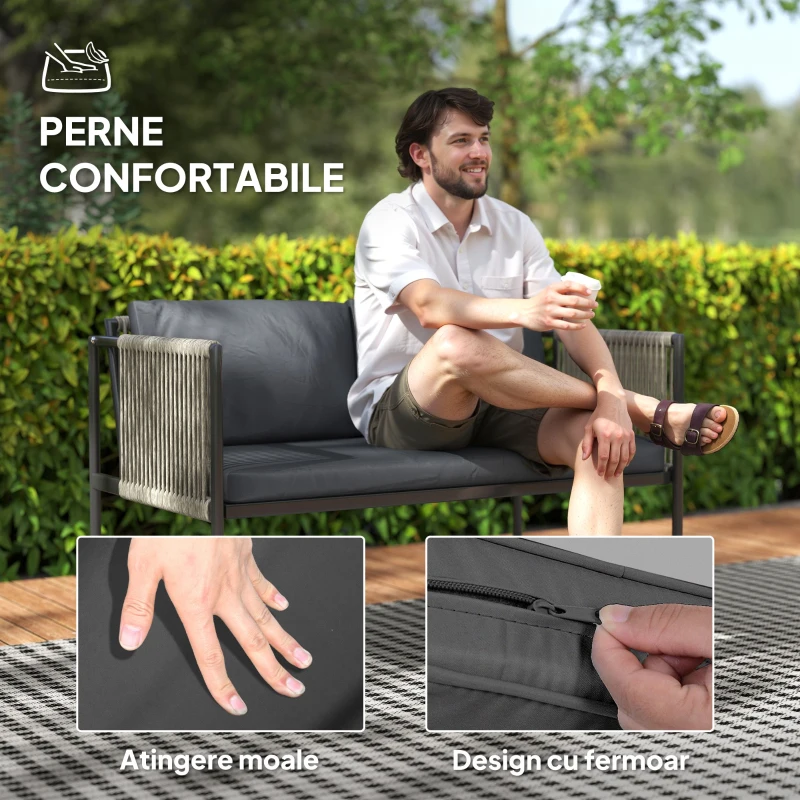 Outsunny Set de Exterior din Rattan 2 Fotolii, Canapea și Măsuță Gri