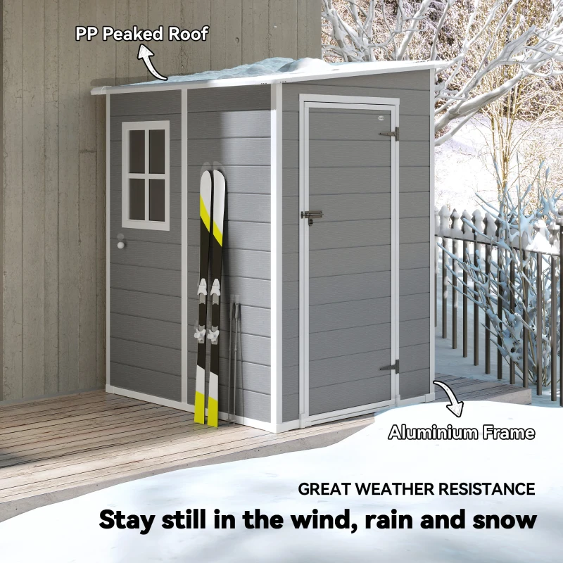 Outsunny 4 x 5FT Plastic Garden Shed with Floor, Lean to Shed, Lockable Tool Storage House with Window, Vent and Plastic Roof, Grey