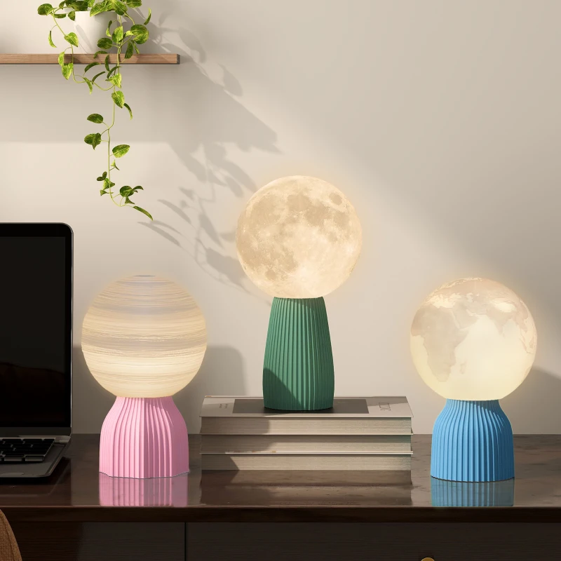 HOMCOM Juego de 3 Lámparas de Mesita de Noche 3D con 3 Colores Brillo Ajustable en 10 Niveles Conexión USB Blanco