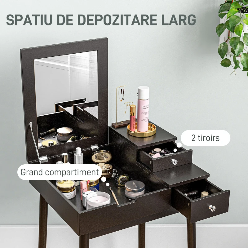 HOMCOM Masă de Machiaj 2 în 1 cu Oglindă Rabatatbilă și 2 Sertare Negru