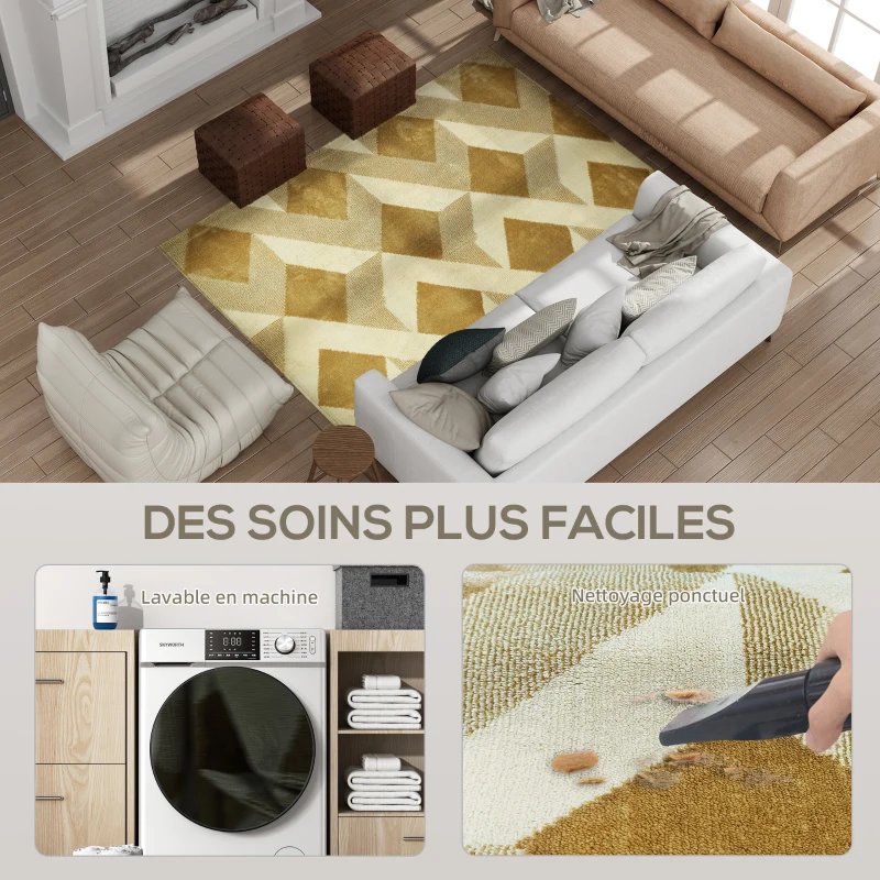 HOMCOM Tapis salon 170 x 120 cm poils courts lavable en machine hypoallergénique pour salon, chambre à coucher, bureau, jaune
