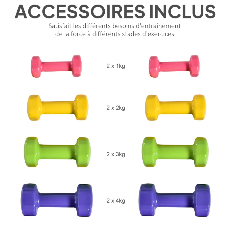 HOMCOM Ensemble d'haltères hexagonaux total 20 kg lot de 8 haltères courts de gym avec revêtement en polyuréthane multicolore