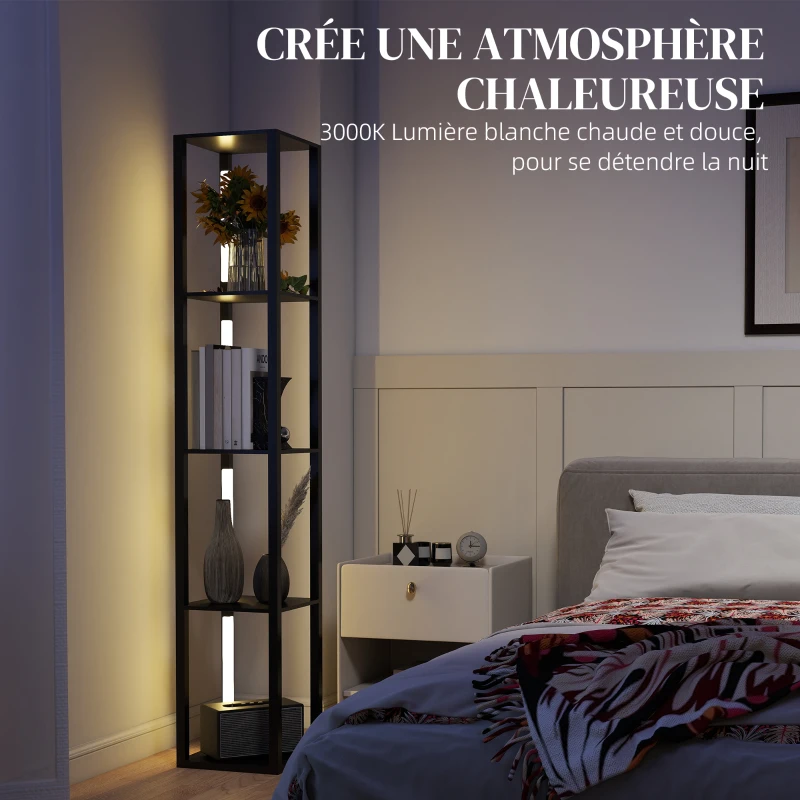HOMCOM Lampadaire avec étagères 4 niveaux dimmable LED variateur d'intensité interrupteur à pied pour salon chambre bureau noir