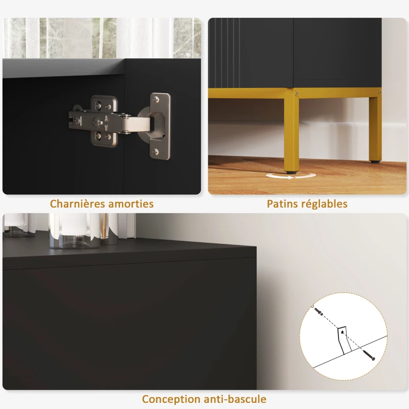 HOMCOM Buffet design contemporain graphique 2 placards porte étagères réglables en bois noir métal doré