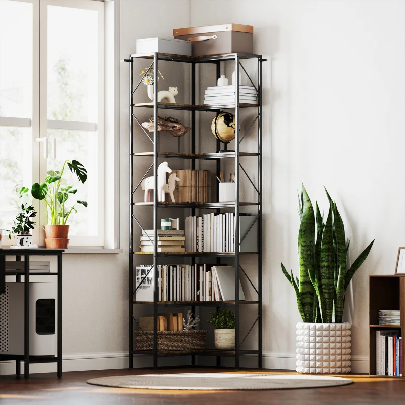 HOMCOM Bibliothèque d'angle à 7 niveaux industriel avec étagères de rangement, 60 x 60 x 198 cm, brun rustique