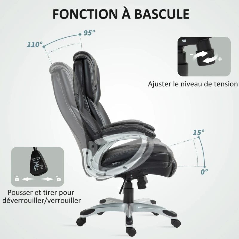 HOMCOM Chaise de bureau fauteuil de bureau avec fonction bascule roulettes pivotantes 360° 66 x 75,5 x 115,5-124,5 cm noir
