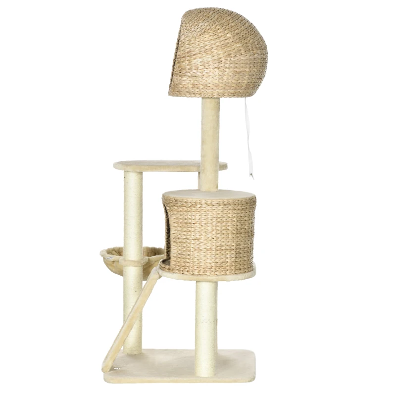 PawHut Kratzbaum, mit Katzenhaus, mehrere Plattformen, Hängematte, Kratzmatte, Kippschutz, beige, 60 x 60 x 150cm